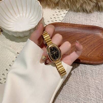 1 件椭圆形竹节表带女士手表，可调节金色表带，优雅百搭的石英腕表，适合日常佩戴，是理想的日常搭配礼物。