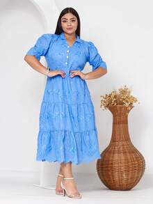 Women's Midi Dress With Embroidered Laise, All-Over Print, Embroidery, Button, Ruffle, Gathered, Formal And Evening - 3D Blue - View 2