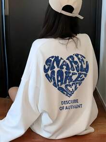 心形印花长袖圆领 T 恤，休闲宽松百搭女式上衣，秋季