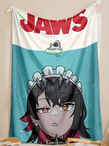1 件柔软舒适的 Zenless Zone Zero 主题法兰绒毛毯 - 超级柔软温暖，适合所有季节、沙发和床，可机洗，带有“JAWS”文字的卡通人物设计，混合颜色，非常适合床上用品