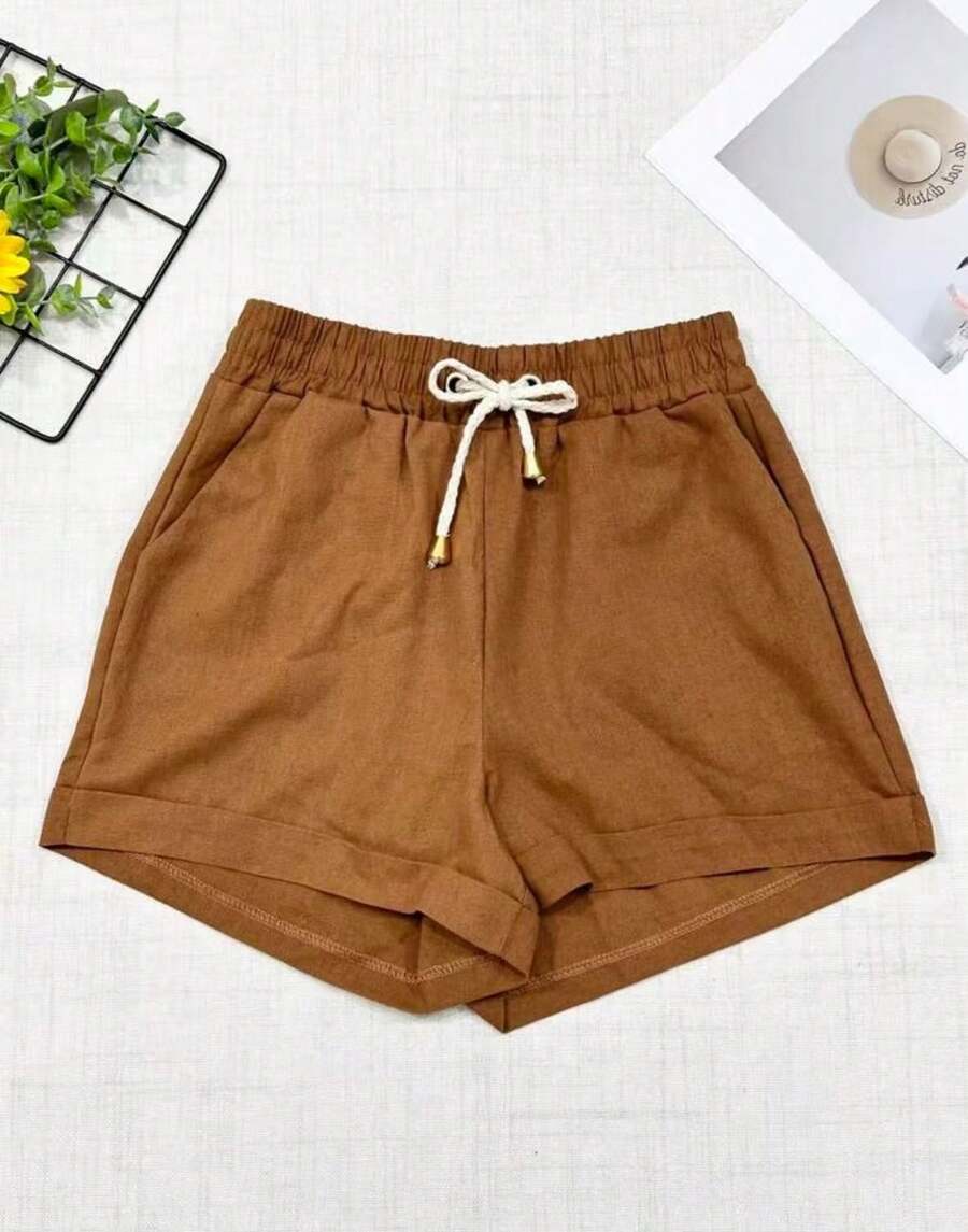 Women's Short Linen Shorts With Elastic Waistband - 卡其色 - 查看 1