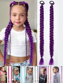 Kids Synthetic Braided Ponytail Extension With Elastic Rubber Band Long Straight Pony Tail For Girls Party 2pcs - Purple - View 2