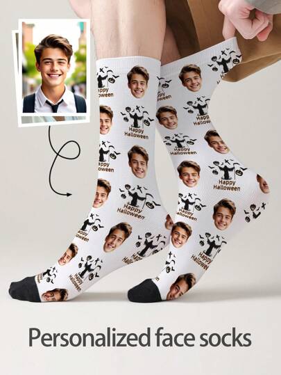 1 Pair Of Customized Face Men's Mid Tube Socks, Put Any Face On Socks, Personalized Socks For With Photos, Interesting Customized Picture Pairs With Medium To Long Socks, Suitable For Valentine's Day, Birthdays, Gift Giving, And Other Occasions,Personalized Halloween