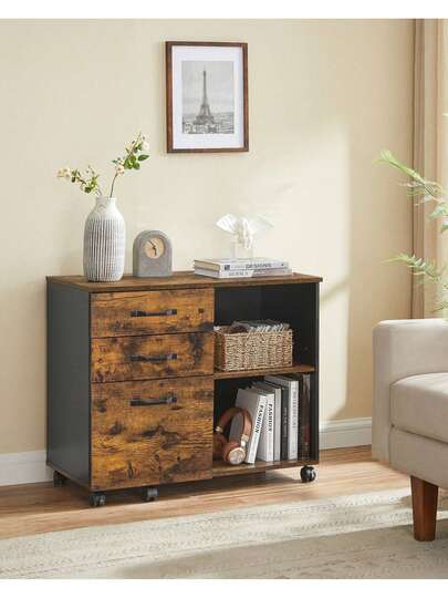 3 Drawer File Cabinet Mobile File Cabinet Lateral Open Compartments For A4, Letter Documents, Printer Stand, Industrial, Rustic Brown And Black ,White With Wood Grain