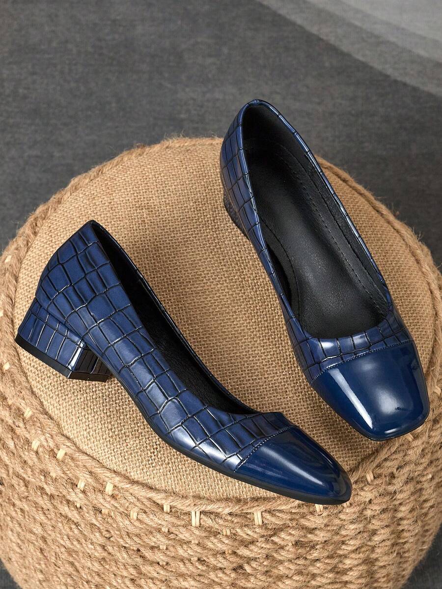 女式方头 3 厘米高跟鞋，海军蓝拼接，适合舞会、派对、晚宴，复古时尚，百搭，休闲一脚蹬高跟鞋 - 藏蓝色 - 查看 1