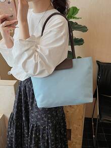 新款女士大容量尼龙休闲纯色手提包、单肩包、饺子包、托特包 - 藍色 - 查看 6