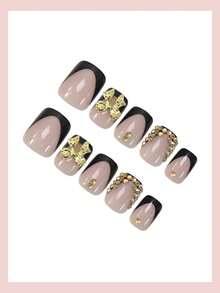 Bộ 24 miếng dán móng tay hình chữ nhật kiểu Pháp, trang trí nơ vàng và đá lấp lánh, độ phủ cao, phù hợp cho phụ nữ và bé gái, trang trí móng tay nghệ thuật, dùng cho hẹn hò, văn phòng, nhà cửa, tiệc tùng. - Nhiều màu - Xem 3