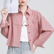 Red Plaid Shacket For Women, Loose Fit, Turndown Collar, Long Sleeve, Spring/Autumn New Arrival