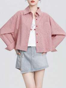 Red Plaid Shacket For Women, Loose Fit, Turndown Collar, Long Sleeve, Spring/Autumn New Arrival