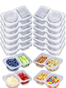 10/20 件 5 盎司双层透明隔层零食盒带盖，2 隔层小型一次性塑料零食盒，适用于酱汁、沙拉、旅行、野餐 - 無色 - 查看 5