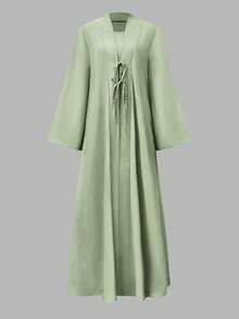 ANCHOSE Women's Middle Eastern Elegant Sleeveless Maxi Dress And Bowknot Long Cardigan Two Pieces Set - Bean Paste Green - View 2
