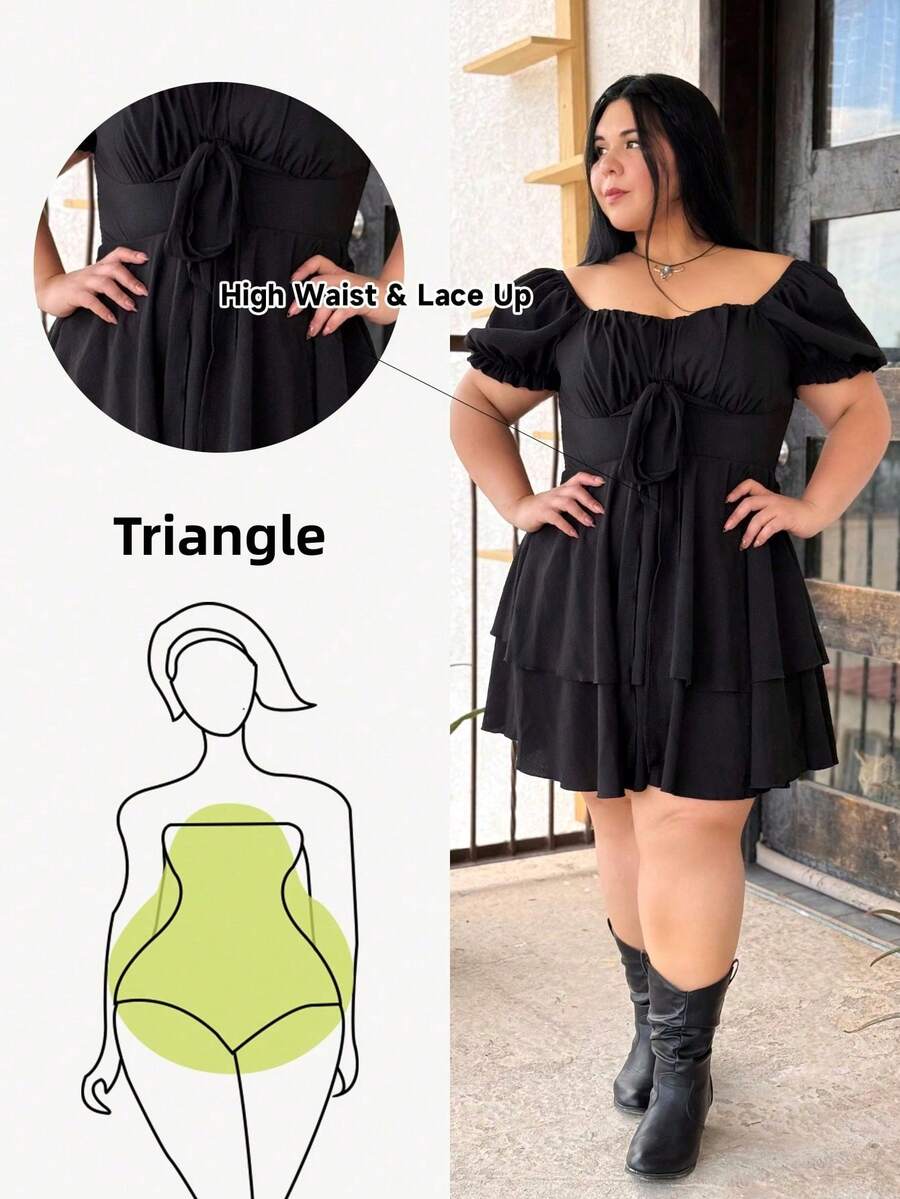 Truni Elyhuante_03 Plus Size Short Puff Sleeve Dress With Bow Tie Back, Summer,Graduation Dress, For Pear Triangle Body Shape - Black - View 1
