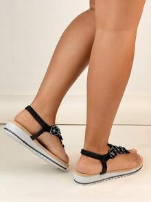 Thick-Soled Clogs Beach Sandals, Sparkly Flower Bohemian Goddess Style Roma Sandals, Summer - Black - View 6