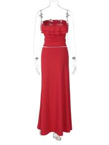 女士优雅纯色荷叶边抹胸裙休闲性感度假夏季派对街头装两件套