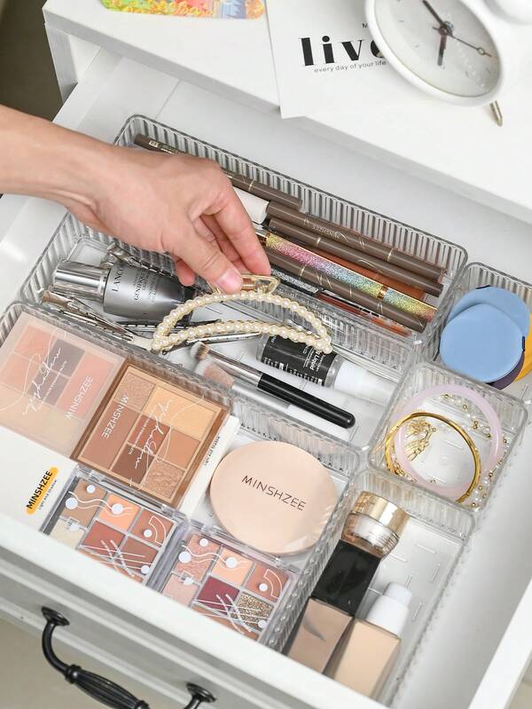 3 Stück - Kosmetik Aufbewahrungsbox, integrierte Schubladeneinteilung Acryl Schminktisch Aufbewahrungsbox für Hautpflegeprodukte, Aufbewahrungsregal, rechteckige transparente Kunststoff Aufbewahrungsbox für den Schreibtisch, Aufbewahrungsbox für das Wohnzimmer, Schubladenaufbewahrungsbox, großvolumige Schubladenaufbewahrungsbox für Büromaterial