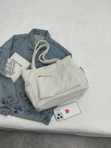 1个字母贴布装饰纯色大容量灯芯绒单肩手提包，多口袋购物袋，适合上学、大学必备，完美搭配女士秋季服装