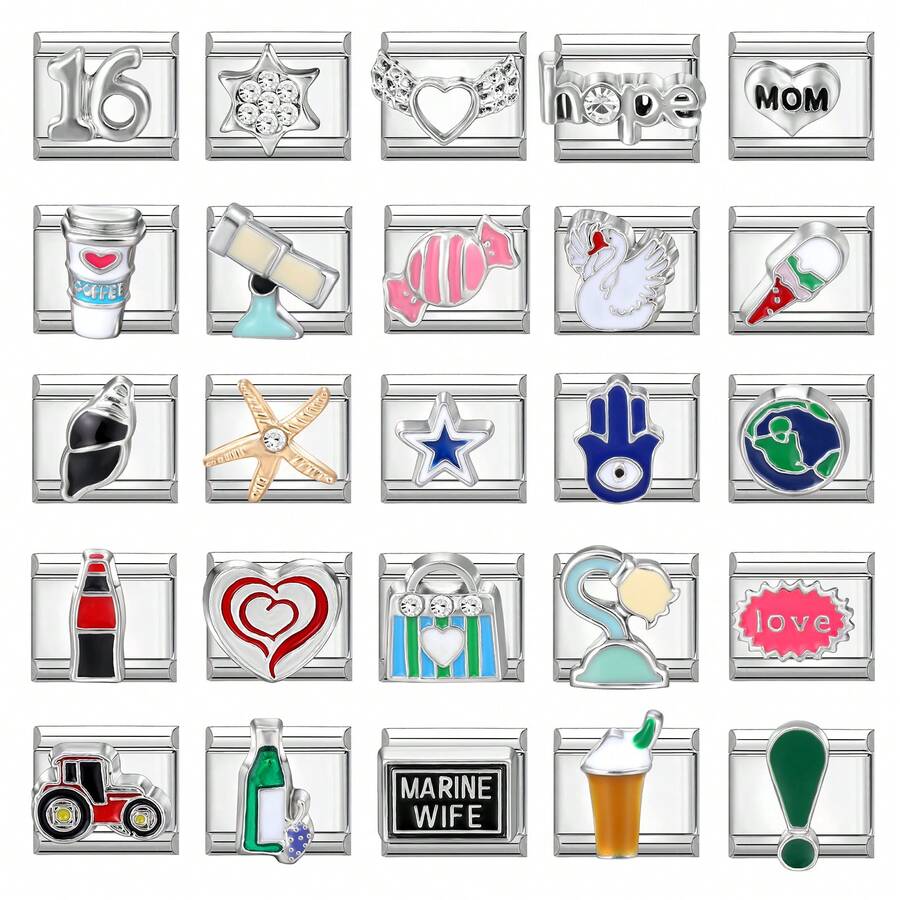 1件装DIY意大利模块化手链套装，饰有五角星、糖果和爱心元素，适合作为派对礼物送给朋友/情侣，适用于圣诞节、新年、万圣节、情人节等节日，设计精美，不锈钢材质，本土制造，实用时尚，是圣诞节和万圣节的必备单品，色调沉稳，充满圣诞气息。