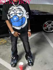 Cartoonprinting (220g Pure Cotton T-Shirt) Cotton T-Shirt - Soft, Breathable, 100% Pure Cotton Fabric - Comfortable And Energetic Summer Street Style Short Sleeved T-Shirt, Cool Design Retro Summer Men's Daily Wear T-Shirt