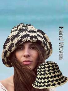 1pc Women Color Block Striped Straw Bucket Hat For Beach ,Color Random ,Suitable For Daily Wear And Summer Outings And Vacation For Sun Protection Boho - Rainbow - View 3
