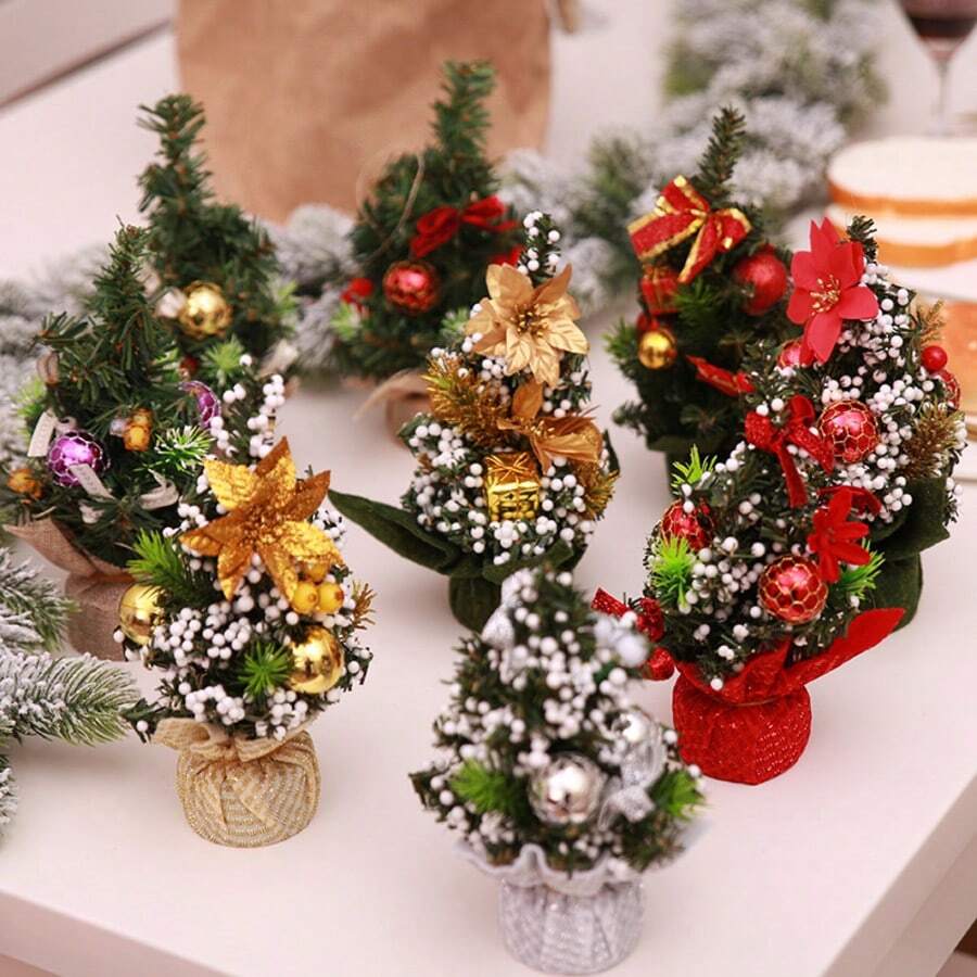 1pc Artificial Mini Christmas Tree For Tabletop Decor, With Balls, Suitable For Home, Office, Bedroom, Wedding, Party, Non-Illuminated, Random Color & Style - Multicolor - View 1