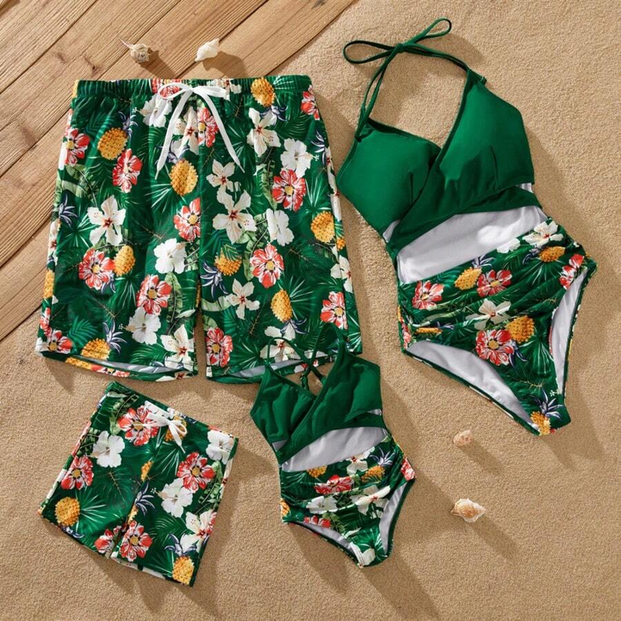 PatPat Family Matching Floral Drawstring Swim Trunks Or Pineapple Pattern Halter One-Piece Swimsuit - 春綠色 Spring Green - 查看 1