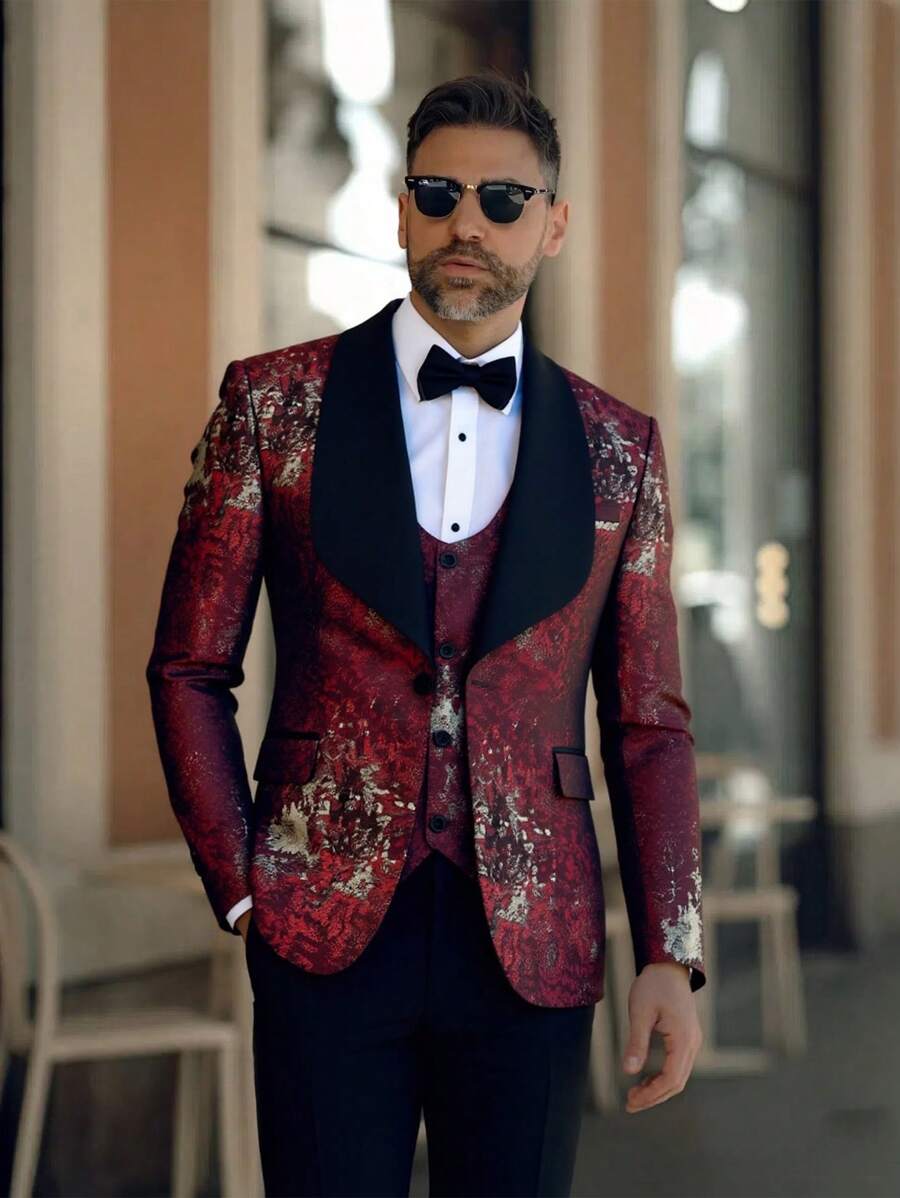 Men's  Gradient Graffiti 3-Piece Suit Set - Blazer, Vest & Stretch Waist Black Pants Edgy & Stylish - Red and Black - View 1