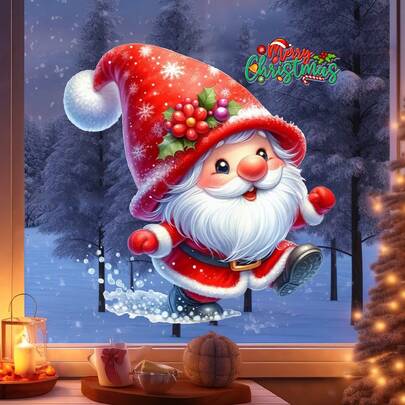 1pc Christmas Red Cartoon Santa Claus Glass Sticker, Self-Adhesive For Balcony, Glass Door And Window Home Decor Christmas Decorations Room Decor Christmas Decorations Home