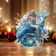 1pc Mermaid & Dolphin Acrylic Statue, Dolphin Theme, Multi-Purpose Decorative Plaque With Base, Suitable For Desk, Bedroom, Dining Room, Living Room, Creative Gift Idea, Home & Kitchen Decor, Fits All Holidays