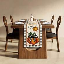 1pc Autumn Gratitude Sister Theme Table Runner - Pumpkin With Green Leaves And Black Grid Design, Suitable For Holiday Parties, Kitchen Dining, Home Decoration, Durable Polyester Material Holiday Table Decoration, Holiday Table Decoration, Autumn Harvest Theme Decoration, Bow Decoration, Autumn And Thanksgiving Decoration.