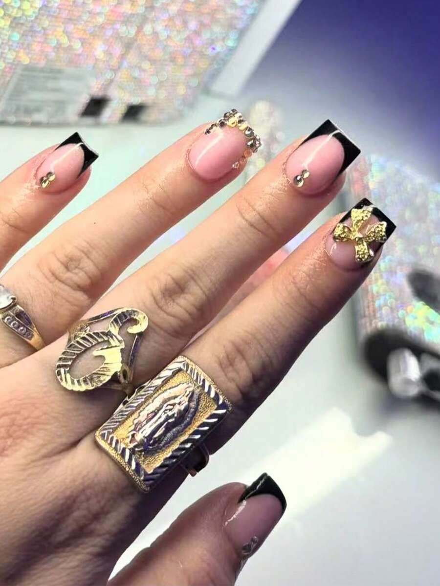 Bộ 24 miếng dán móng tay hình chữ nhật kiểu Pháp, trang trí nơ vàng và đá lấp lánh, độ phủ cao, phù hợp cho phụ nữ và bé gái, trang trí móng tay nghệ thuật, dùng cho hẹn hò, văn phòng, nhà cửa, tiệc tùng. - Nhiều màu - Xem 1