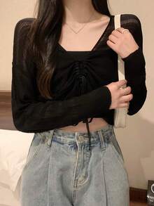 Hollow V-Neck Knit Cover Up, Lightweight Shawl Collar Drawstring Cover-Up - Black - View 1