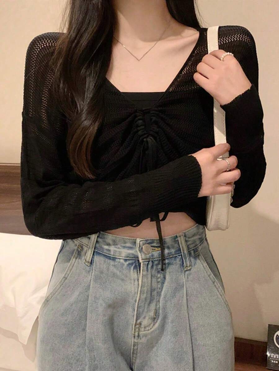 Hollow V-Neck Knit Cover Up, Lightweight Shawl Collar Drawstring Cover-Up - Black - View 1