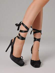 Ballet Mary Janes Black High Heels For Women Square Toe Satin Lace Up Ballerina Stiletto Heels With Bow Elegant Wedding Party Slingback Pump Heels For Women  - màu đen - Xem 5