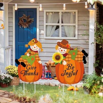 Thanksgiving Delight: 1pc Fall Scarecrow & Pumpkin Yard Sign Stake - Autumn Harvest Outdoor Lawn Decor
