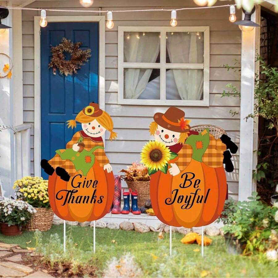 Thanksgiving Delight: 1pc Fall Scarecrow & Pumpkin Yard Sign Stake - Autumn Harvest Outdoor Lawn Decor