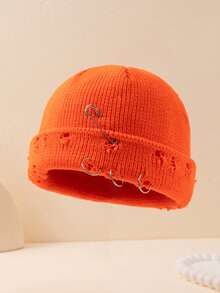 1pc Men's Solid Color Metal Ring Knit Beanie Hat, Minimalist Fashion Versatile Warm Knit Cap For Outdoor, Autumn/Winter Daily Wear Fall Outfit - A - View 3