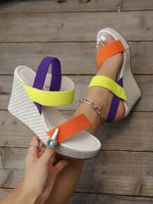 大码女式坡跟厚底凉鞋，欧美跨境大码坡跟凉鞋，绳编厚底时尚高跟凉鞋，厚底套脚高跟凉鞋 - 黃色 - 查看 2