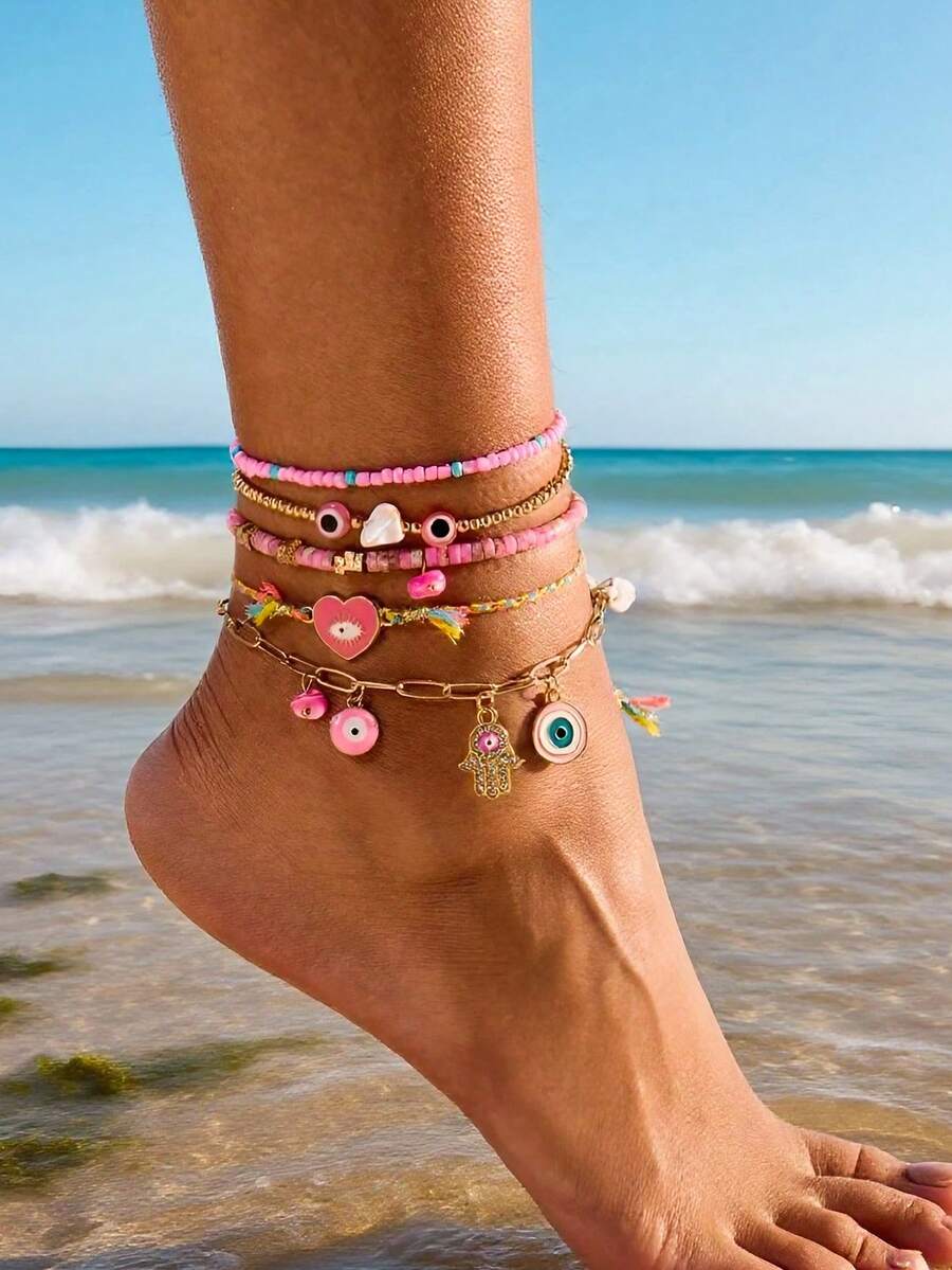 5pcs Bohemian Style Handmade Alloy Chain Evil Eye Anklet (CCB Seed Beads Unspecified) - Red - View 1