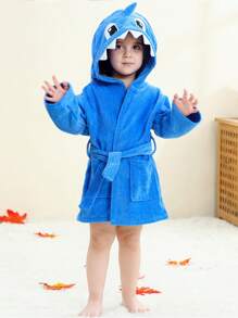 MICHLEY 儿童绿色恐龙连帽浴袍，柔软舒适，适合沐浴和游泳 - 藍色 - 查看 3
