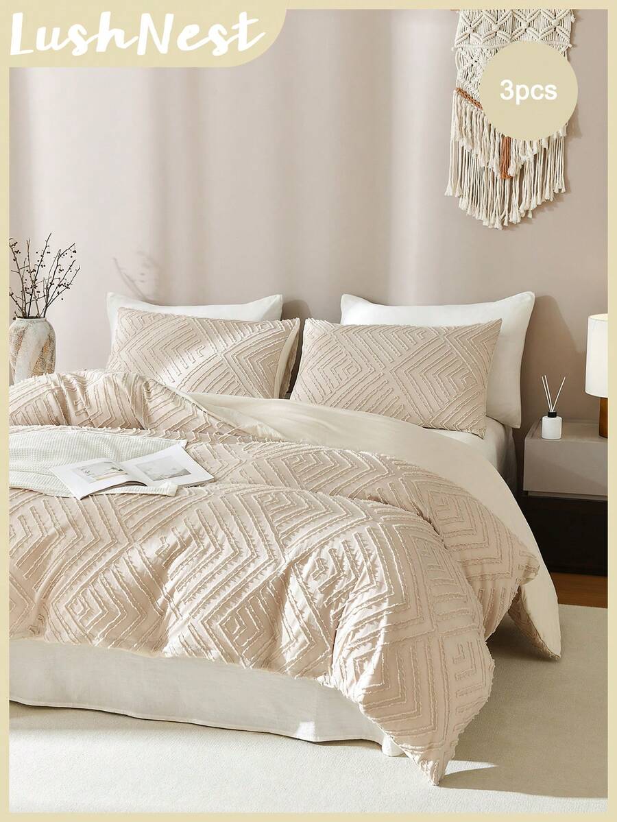 3pcs Mermaid Scale Pattern Solid Color Duvet Cover Set, Casual Style, Suitable For Bedroom, Home Decor - Khaki - View 1
