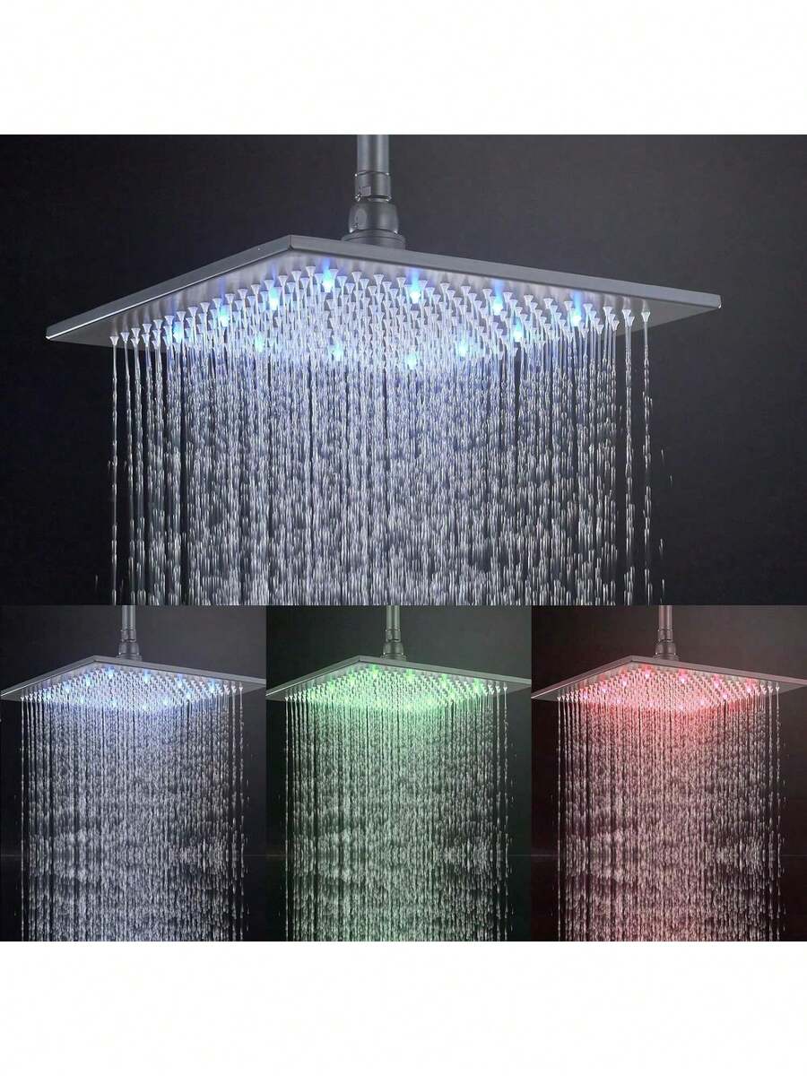 Rain Shower Head  High Pressure LED Shower Head  Anti-Clogging Fixed Rainfall Shower Head With Temperature Controlled Color Changing  360°Adjustable Brass Ball Joint  Square Top Spray - Matte Black - View 1
