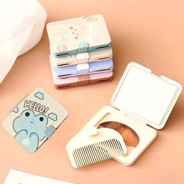 1 Stück Cartoon Spiegel Kamm Set, faltbarer Spiegel mit Kamm Design, klein und praktisch zum Mitnehmen, kleiner Spiegel und Make-up Spiegel