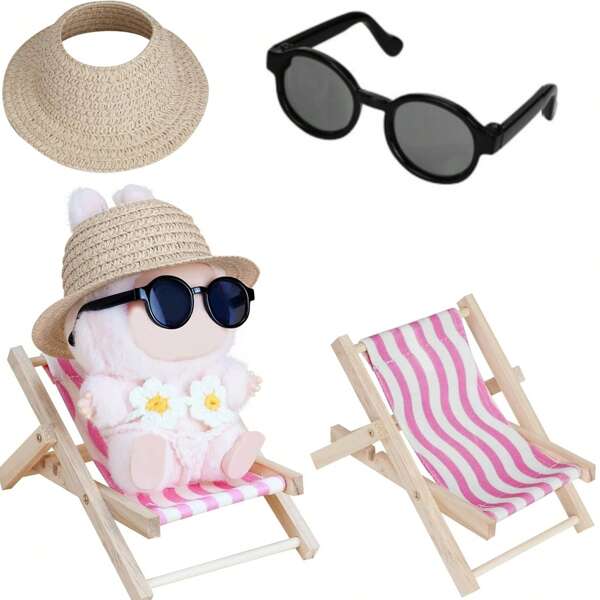 1/3 Stück Zubehör-Set für Labubu Puppe, Miniatur Strand Sonnenhut/Sonnenbrille/Holz Klappstuhl für Puppen Zubehör (Puppe nicht enthalten)