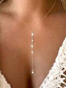 1pc 18K Gold Plated Stainless Steel Y-Shaped Tassel Beaded Long Necklace, Clavicle Chain - Gold - View 2
