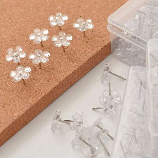 50pcs Transparent Flower Shaped Push Pins, 5-Petal Flower Design Office Decorative Thumbtacks,For School Supplies,Back To School
