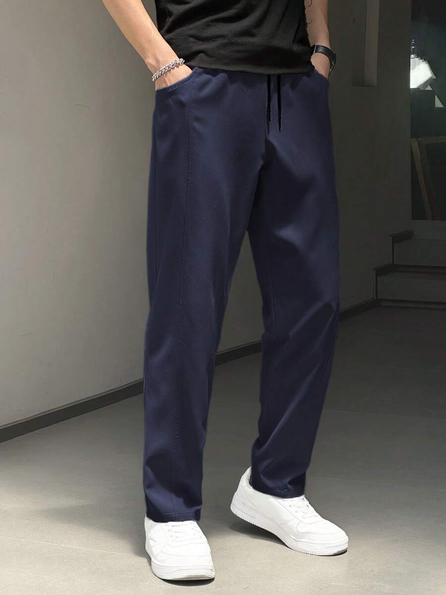 Men's Solid Color Slim Fit Casual Pants, Suitable For Spring, Autumn And Summer Daily Wear, Drawstring Waist, Lightweight Fabric, Patchwork Personality Cargo Pants - Navy Blue - View 1