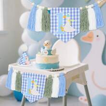 [INS Style Big Goose Theme] 1 Year Old Baby Birthday Party Decorations - Wooden Bead Tassel Garland + Cute Blue Birthday Hat, Boho Style 1st Birthday Party Props, Baby Photo Shoot Background Decor