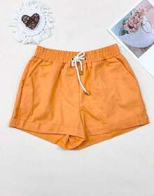 Women's Short Linen Shorts With Elastic Waistband - 橘色 - 查看 1