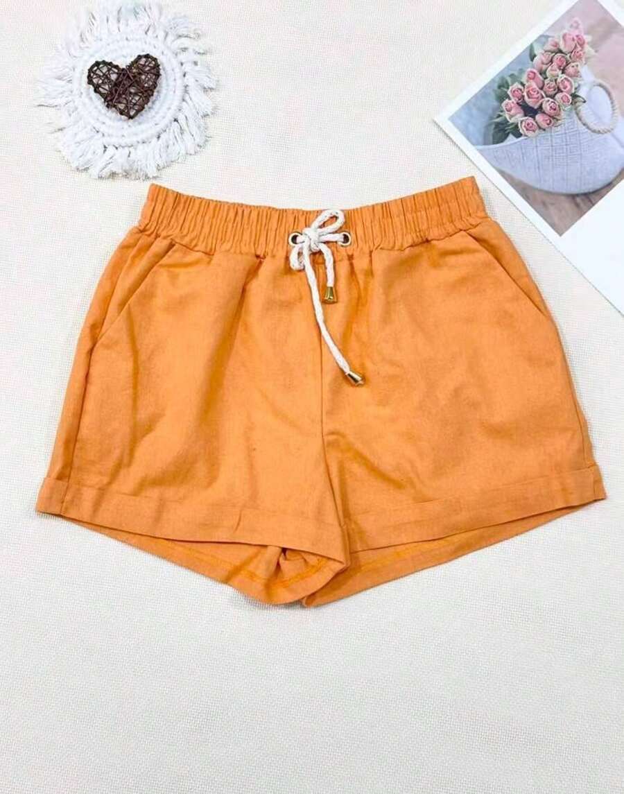 Women's Short Linen Shorts With Elastic Waistband - 橘色 - 查看 1