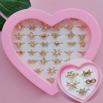 Set de 5 piezas + Caja de regalo Anillos ajustables dorados, Joyería para niñas, Anillos de aleación, Regalo de joyería, Entrega aleatoria